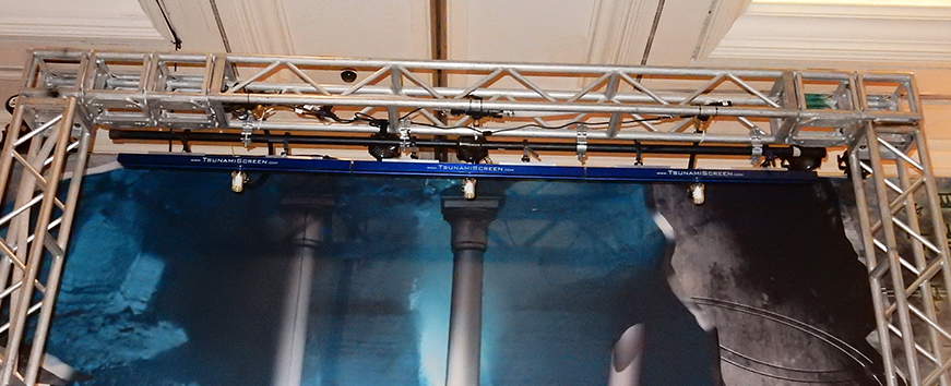 The Tsunami Water Screen&trade; is a high-resolution rear-projection screen created entirely in a cascade of free-falling wate